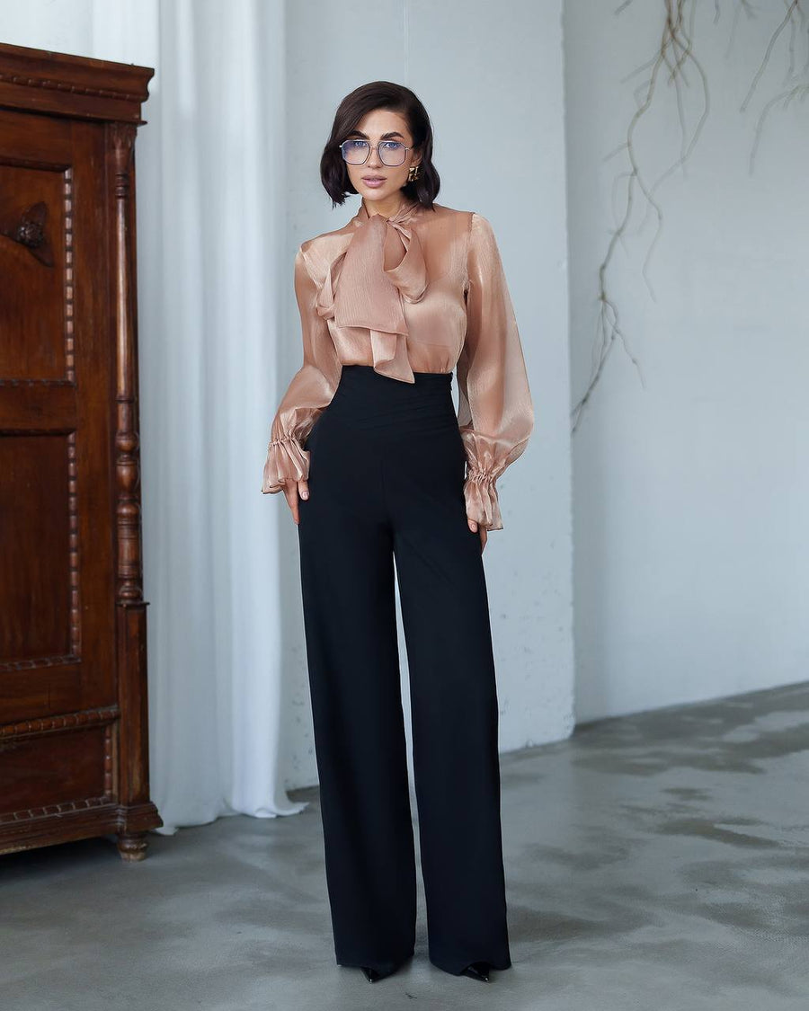 Plisee Organza Blouse with Delicate Bow