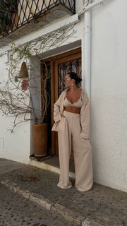 Beige Cotton three-pieces Set with Top Shirt Pants