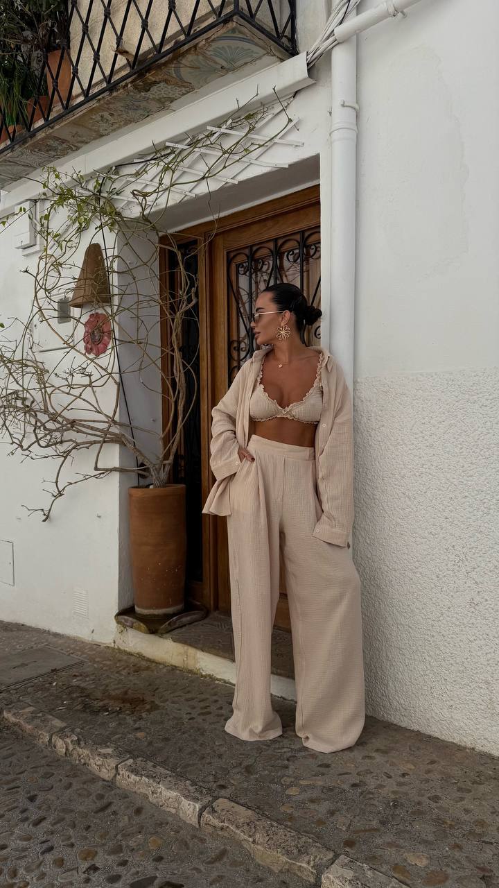 Beige Cotton three-pieces Set with Top Shirt Pants