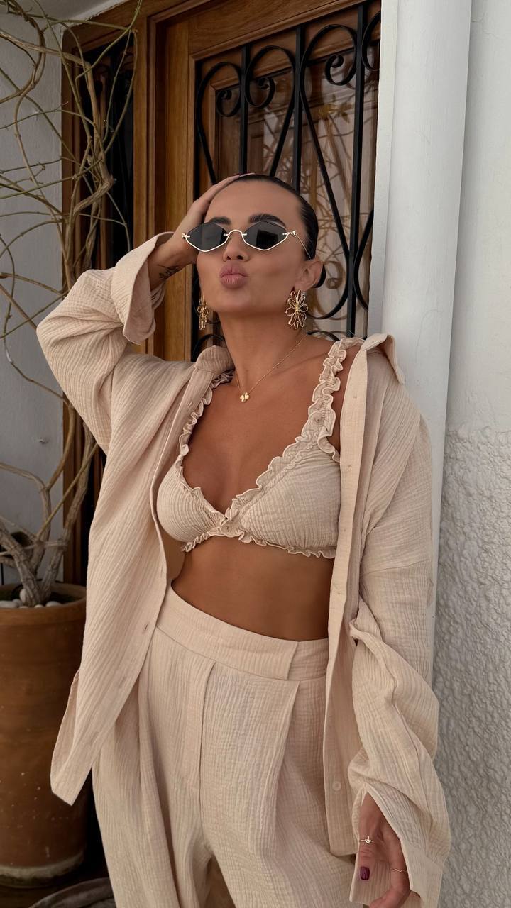Beige Cotton three-pieces Set with Top Shirt Pants