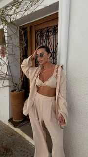 Beige Cotton three-pieces Set with Top Shirt Pants