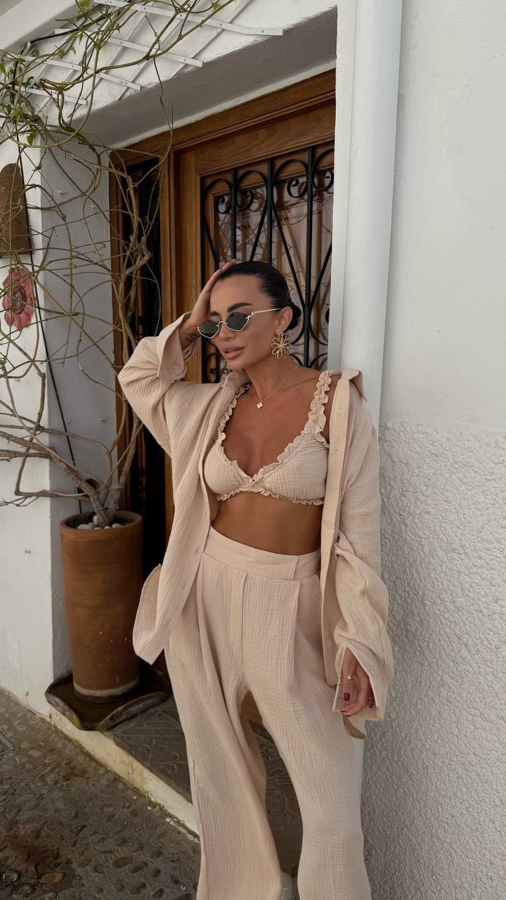 Beige Cotton three-pieces Set with Top Shirt Pants