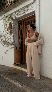 Beige Cotton three-pieces Set with Top Shirt Pants