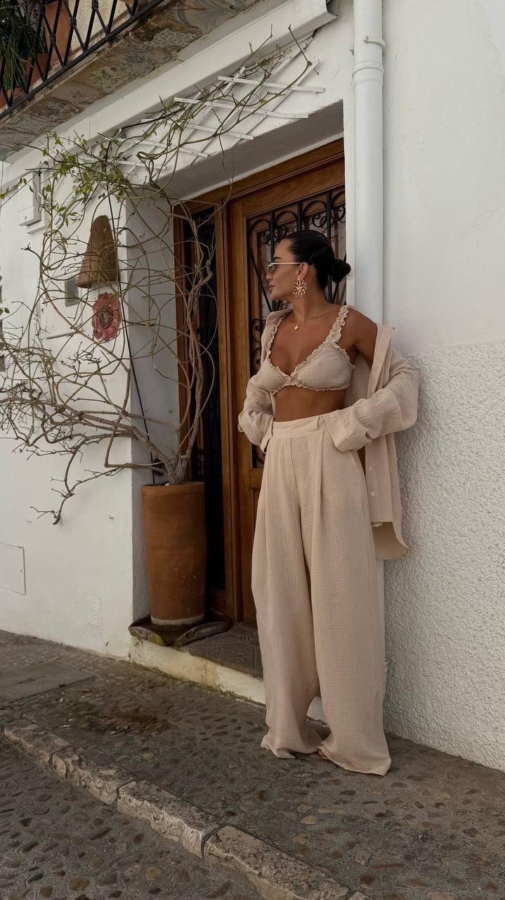 Beige Cotton three-pieces Set with Top Shirt Pants