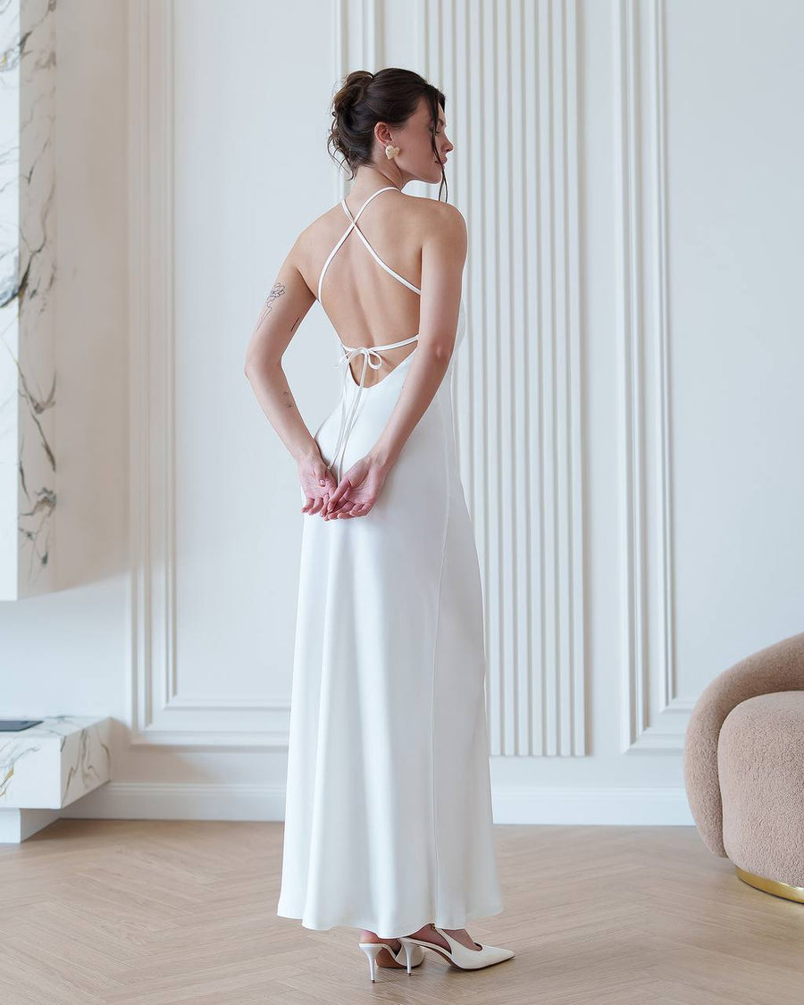 White Cocktail Maxi Dress with open Back