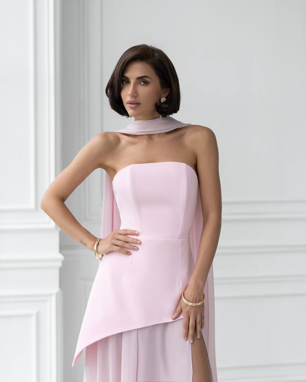 Asymmetric Cocktail Dress with Chiffon Skirt and Scarf