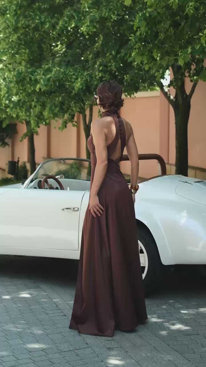 Brown Satin High Neck Maxi Dress