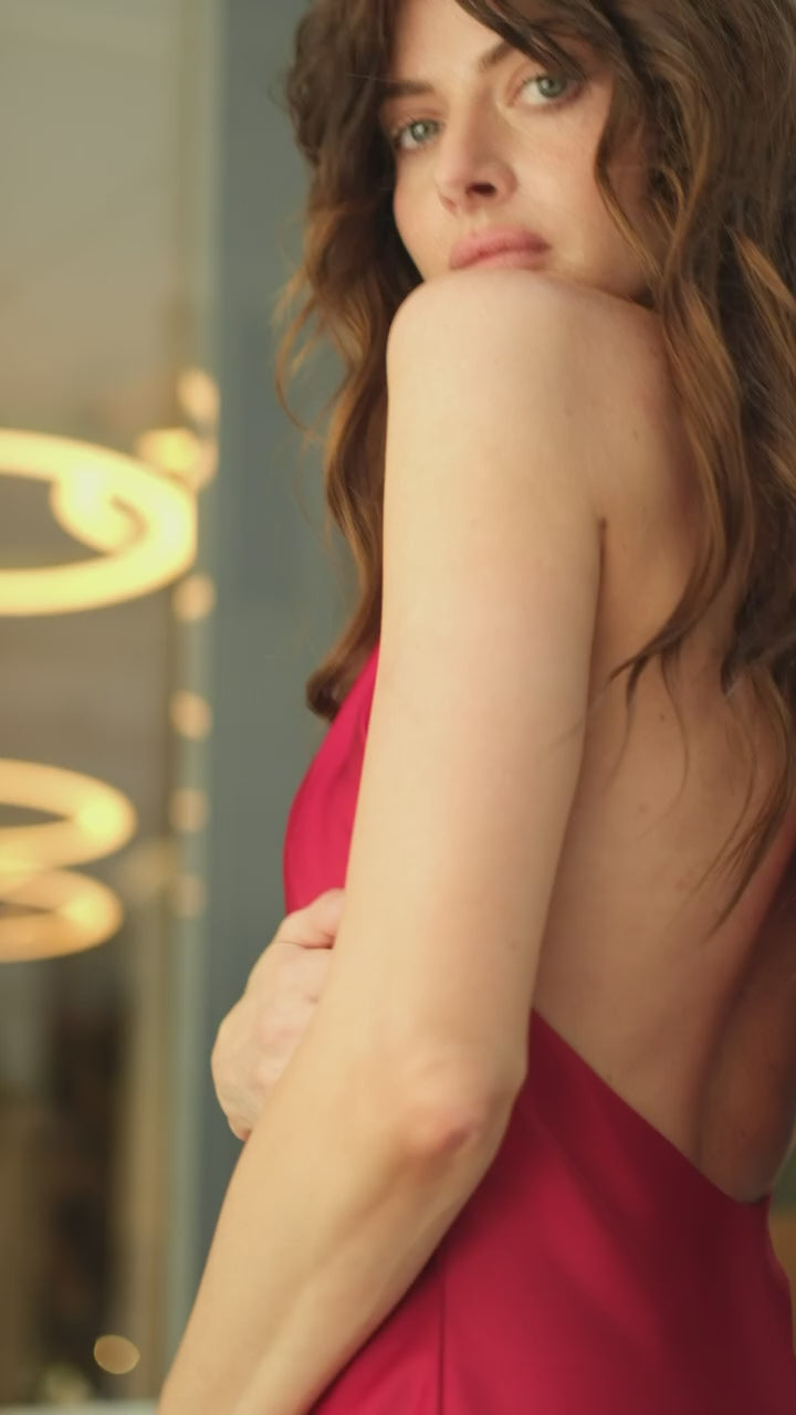 Red Satin Halter Maxi Dress with Open Back