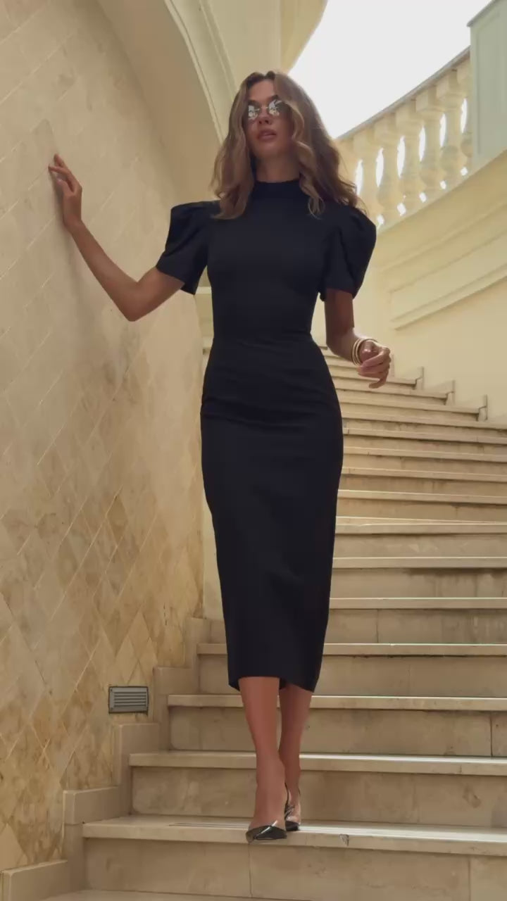 Black Short Sleeve Open-Back Midi Dress