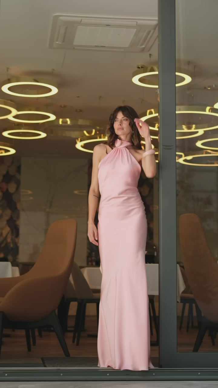 Rosa Satin Halter Maxi Dress with Open Back