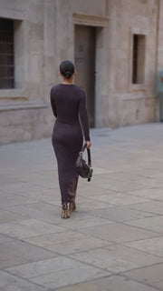 Brown Elegant Long-Sleeve Knit Dress 