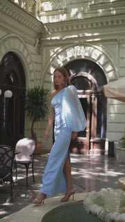 One-Shoulder Maxi Dress with Organza Sleeve