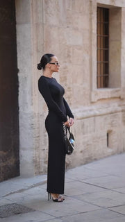 Black Elegant Long-Sleeve Knit Dress 