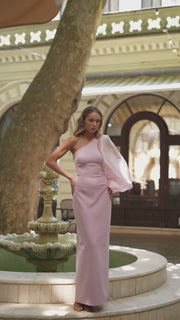 One-Shoulder Maxi Dress with Organza Sleeve